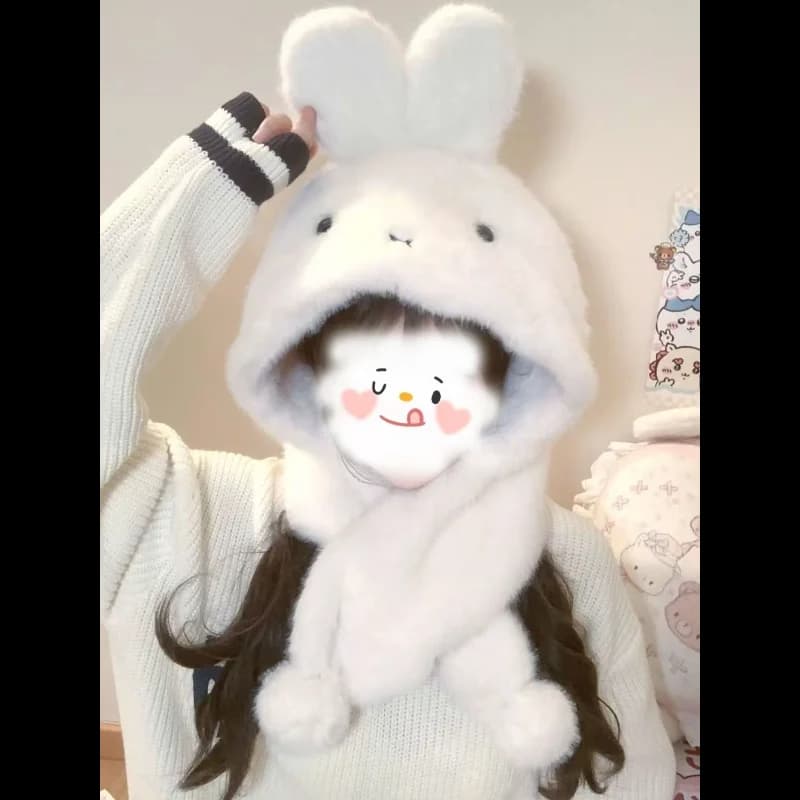 Miffy Anime's new furry scarf hat all-in-one travel warm and cold proof two-piece set cute cartoon ear protection hat