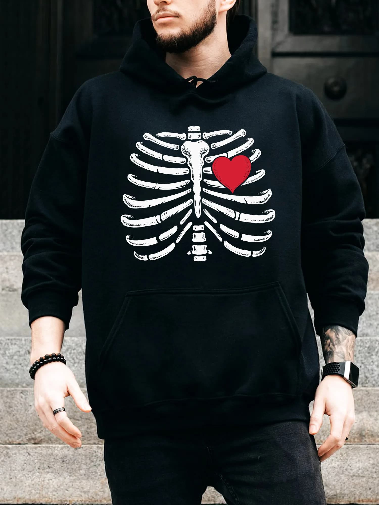 Felpa con cappuccio da uomo con coulisse Skeleton Rib Cage - Pullover nero casual e confortevole, felpa con cappuccio autunno e inverno