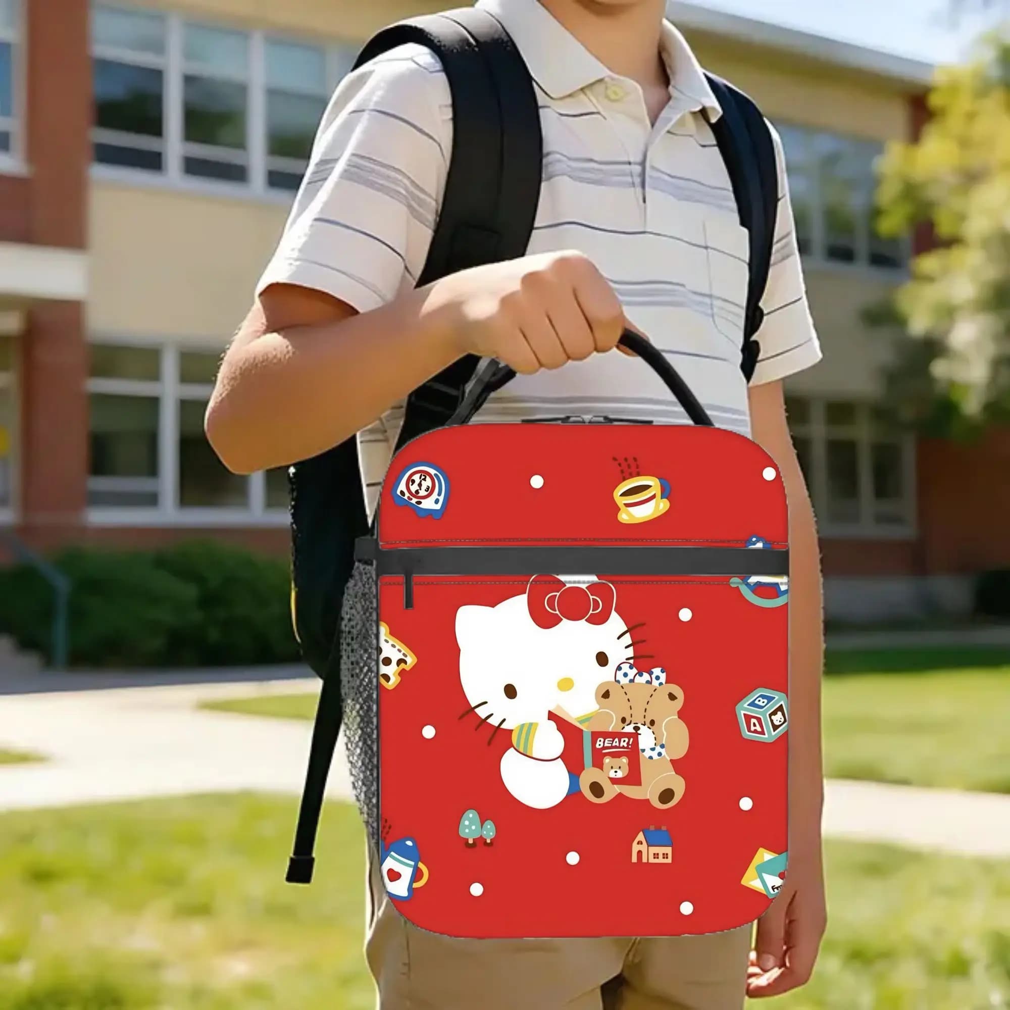 Merry Christmas Xmas Gift Insulated Lunch Bag Portable Kawaii Neko Reusable Cooler Bag Lunch Box Tote College Outdoor Girl Boy