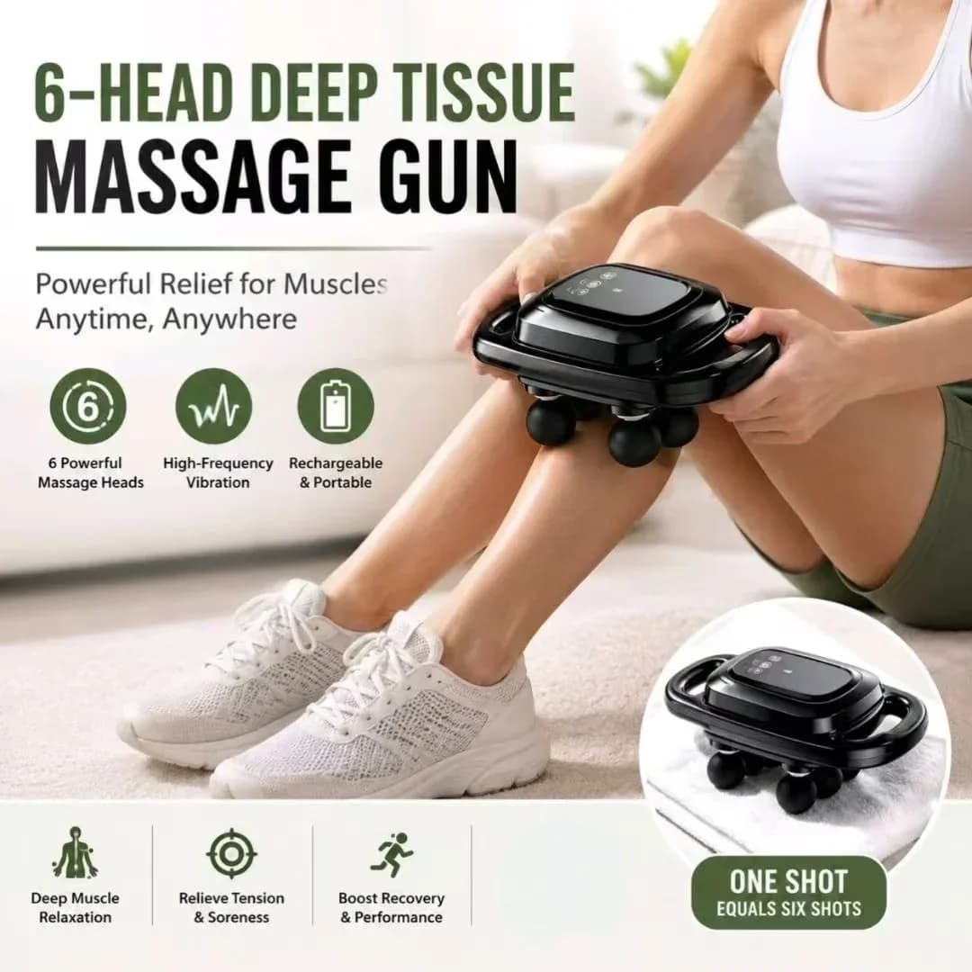 6‑Head Percussion Massage Gun Deep Tissue Vibration Muscle Pain Relief Neck Waist Full Body Relax for Sports Fitness Gym