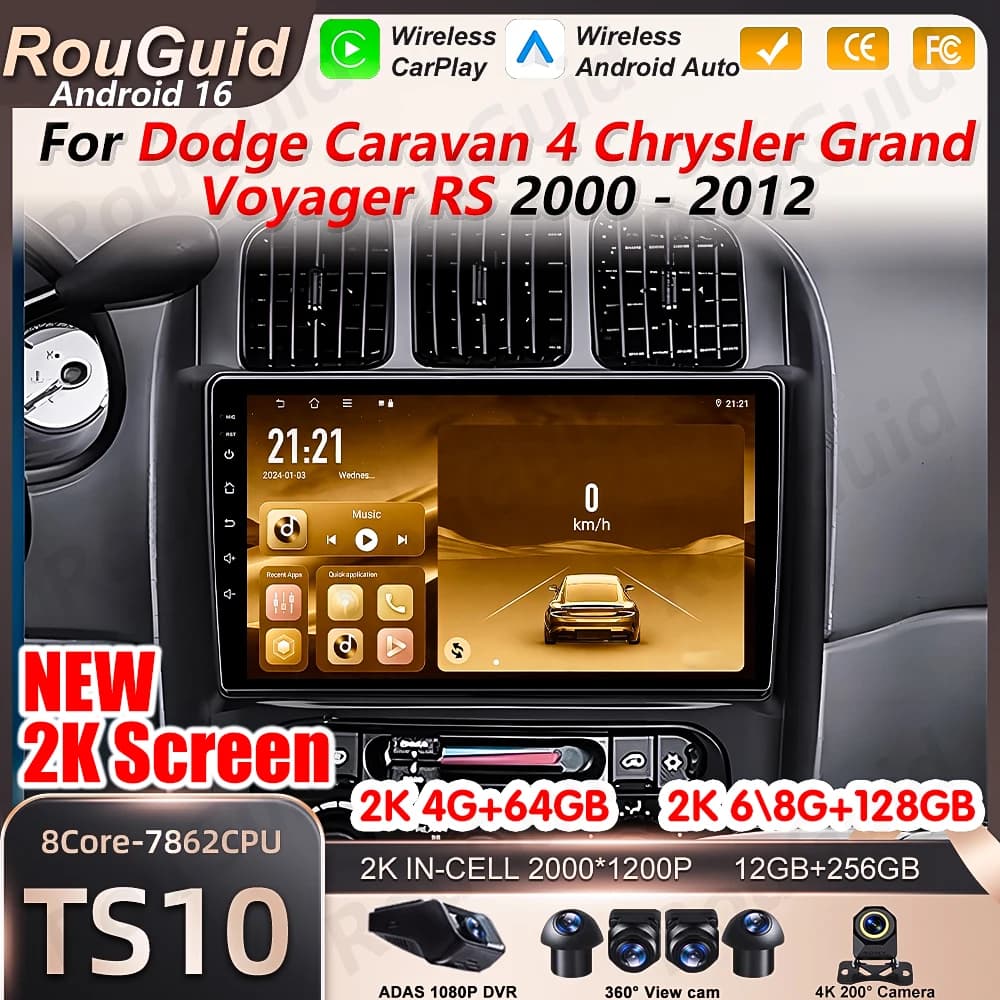 Autoradio Android 16 per Dodge Caravan 4 e Chrysler Grand Voyager RS 2000-2012, unità principale con schermo BT, lettore multimediale video.
