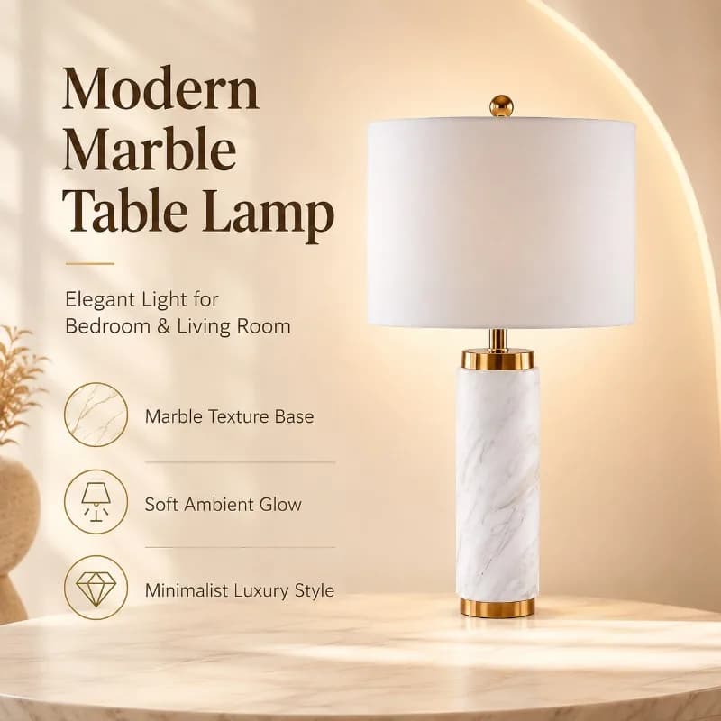 Modern Marble Bedside Light Luxury Gold Fabric Shade 3 Color LED Desk Lamp for Bedroom Living Room Office Hotel Home Table Lamp