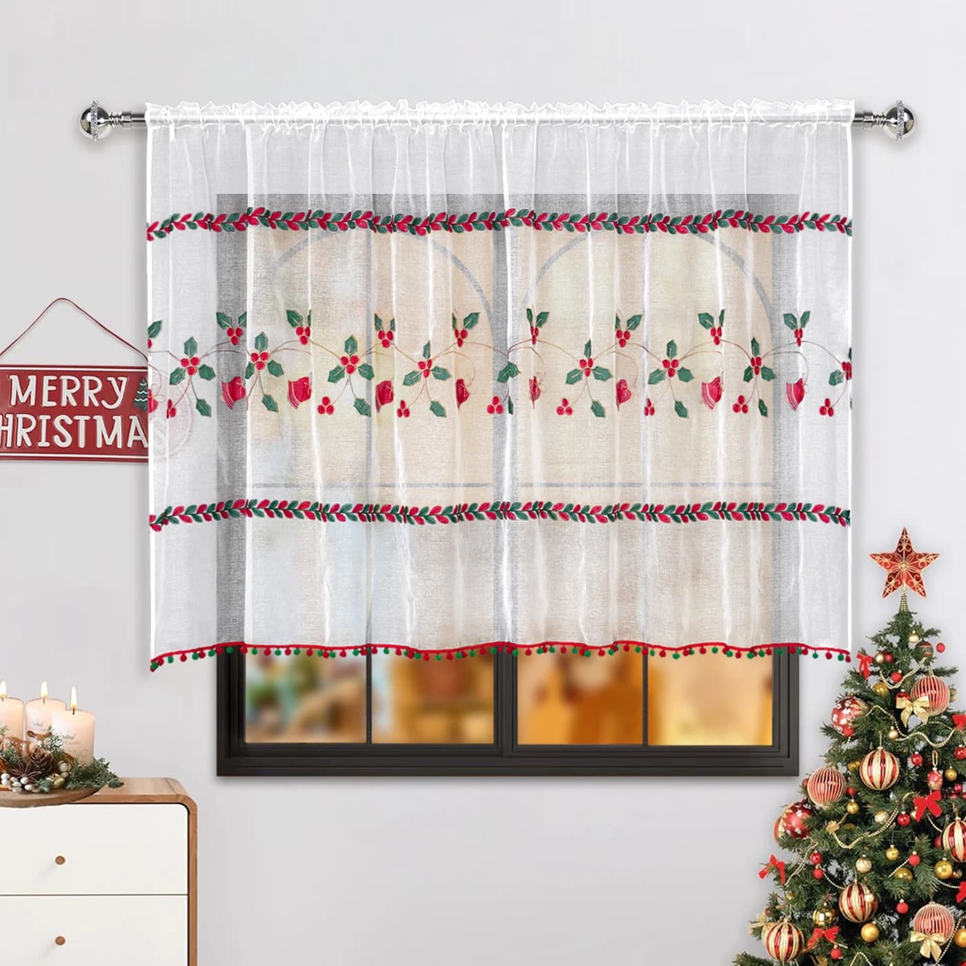 1PC vintage style Christmas embroidered chiffon curtains fluffy ball filter drapes for kitchen holiday window decoration