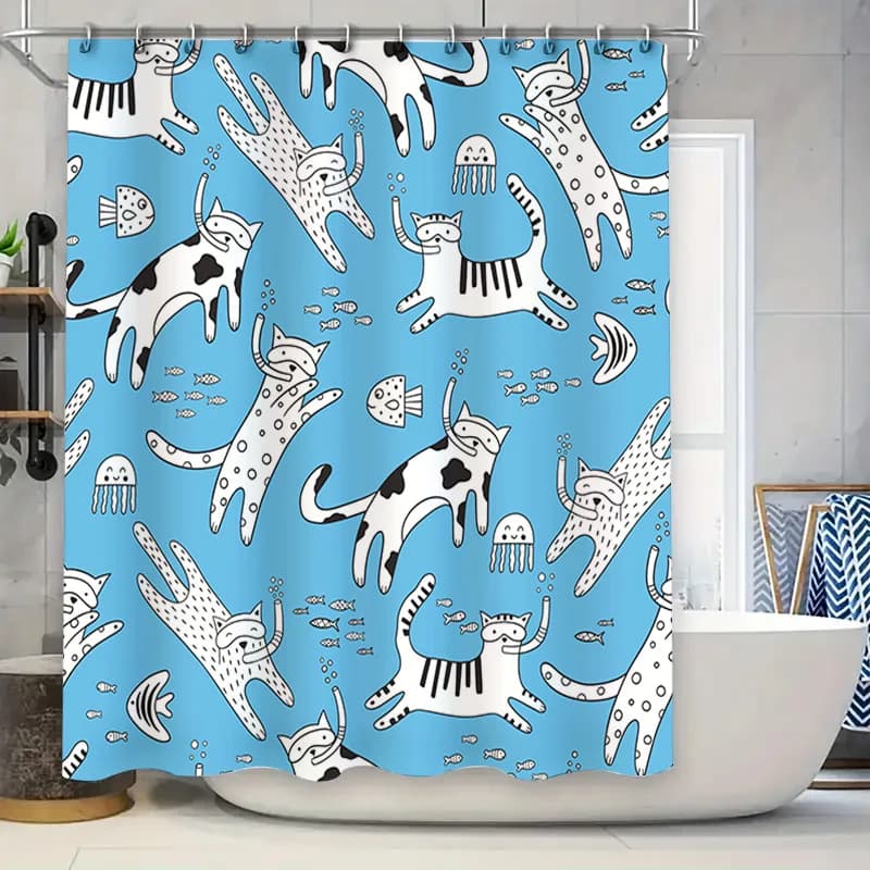 Tenda da doccia per gatti subacquei blu Stampa di gatti carini Decorazioni per la stanza del bagno Tessuto impermeabile Decorazioni per la casa in poliestere