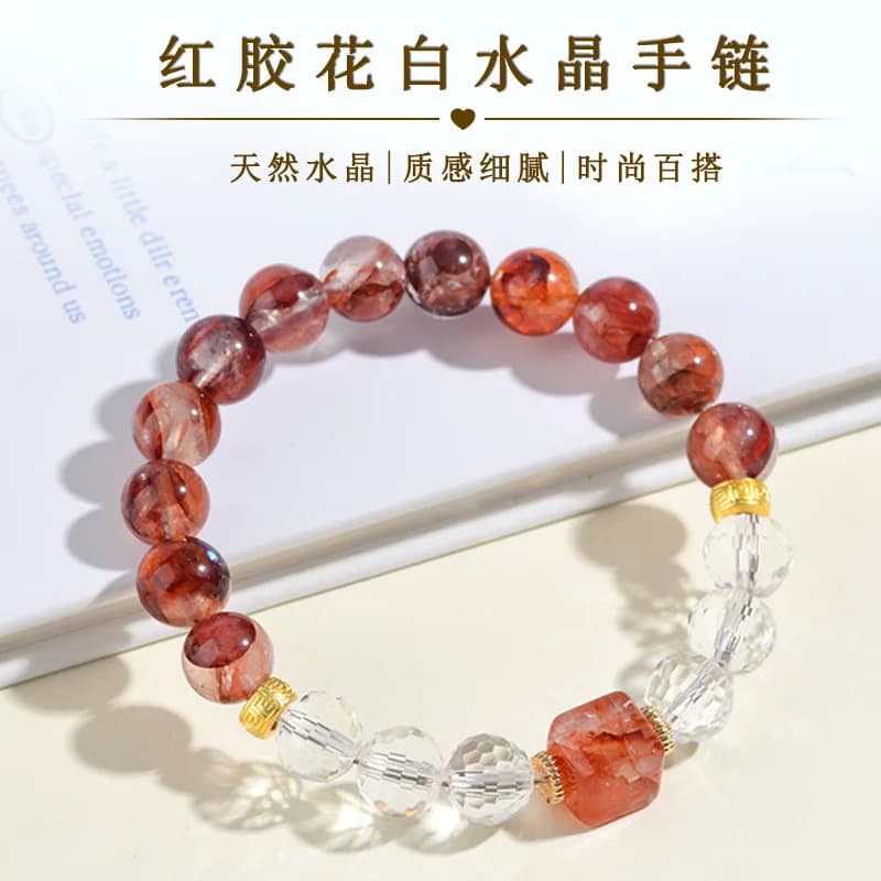 Nuovi gioielli con bracciale da donna squisiti alla moda bianca con fiore di gomma rossa naturale, taglio a cubo di zucchero