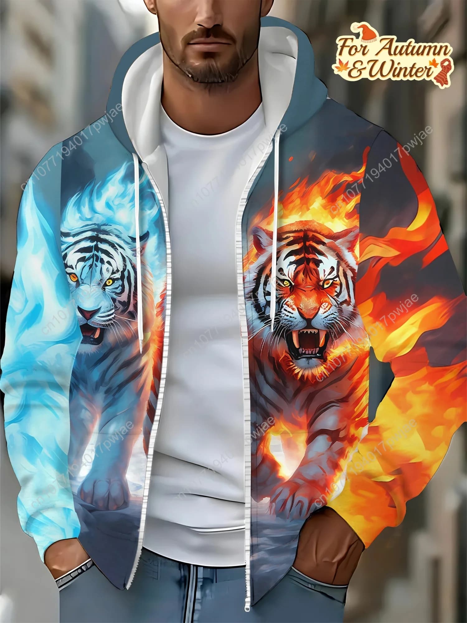 [Sudadera with cap with tiger print] Men's casual hoodie with zipper tiger print | Autumn and winter outdoor jacket, designs