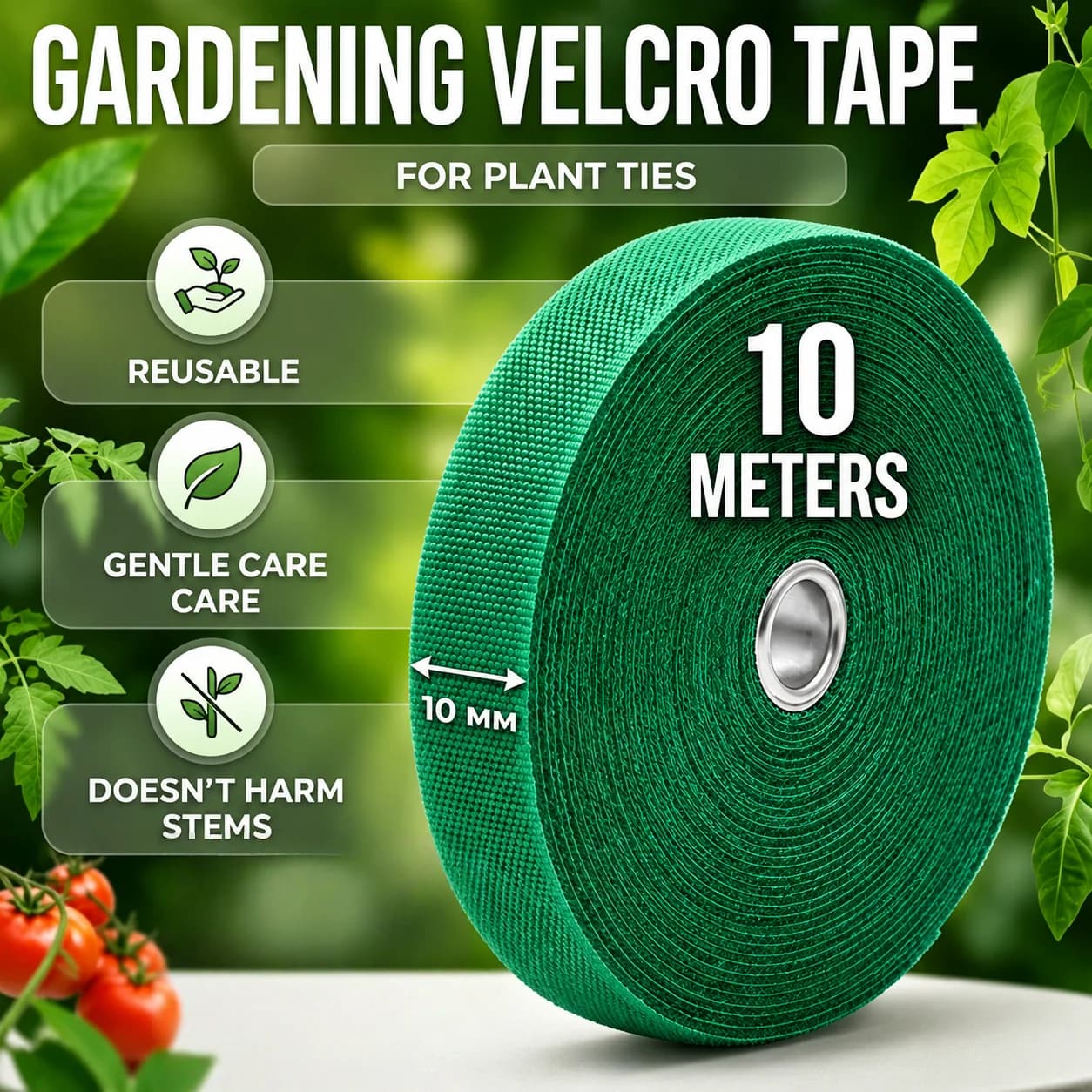 Nastro Adesivo in Velcro Riutilizzabile da 10M per Giardino, Legature per Piante da 10mm Regolabili con Gancio e Anello, Delicato, Non Dannoso, Tagliabile per Giardinaggio, Piante Rampicanti e Fascette per Cavi