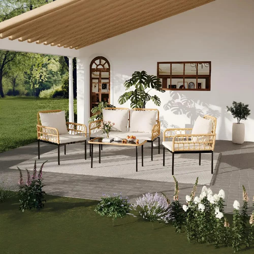 Garden furniture set, two-seater set in wicker and rattan for outdoor weatherproof with glass table and two-seater Boho chairs with thick cushions