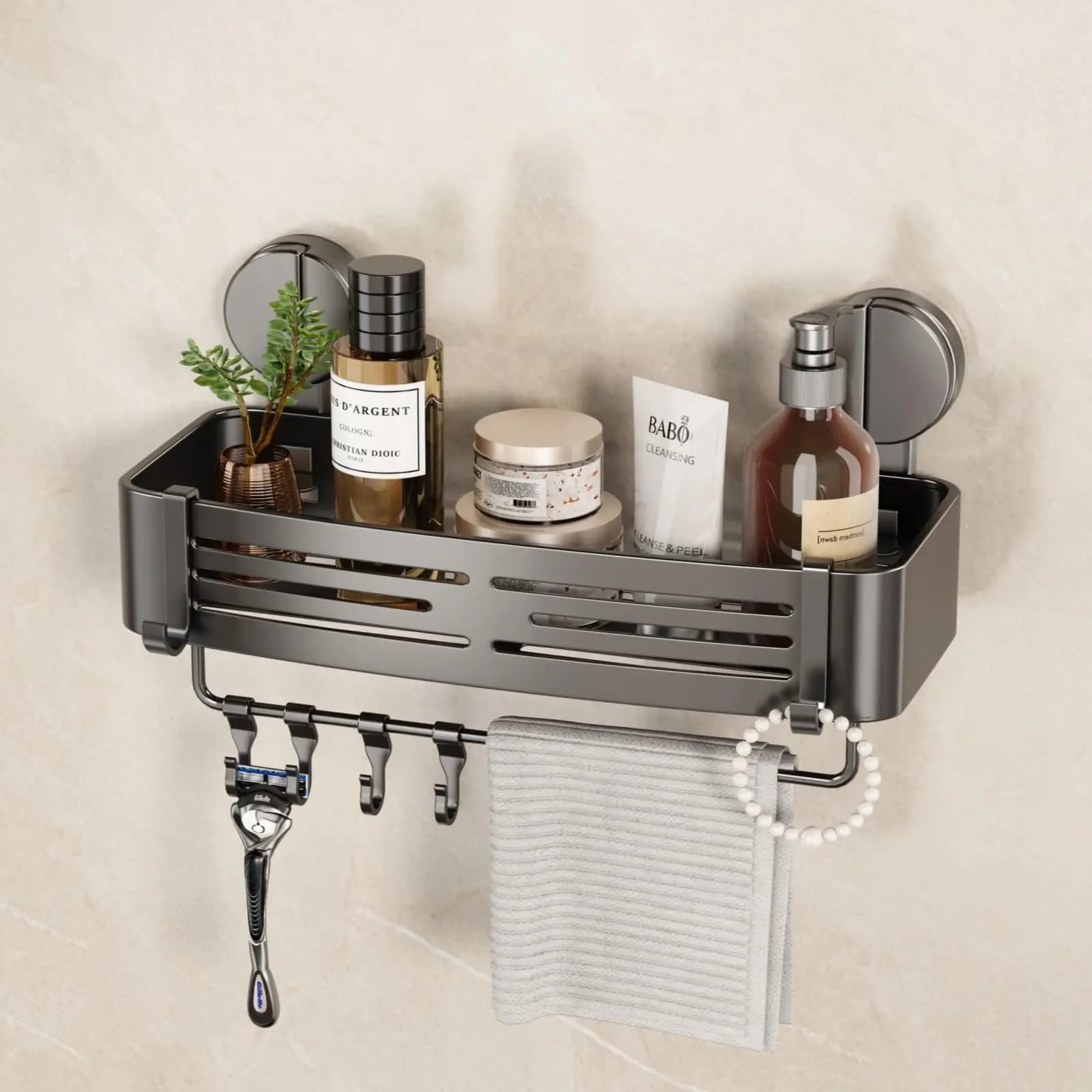 Matte Gray Aluminum Shower Organizer With Suction Cups, No Drill Wall Mount Shelf, Integrated Towel Bar And Hooks For Shampoo
