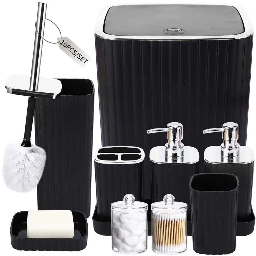 Set di Accessori per il Bagno, Splendido Set da Bagno, Set di 10 Accessori Neri per il Bagno, Spazzola per WC, Cestino, Porta Q-tip e Portasapone