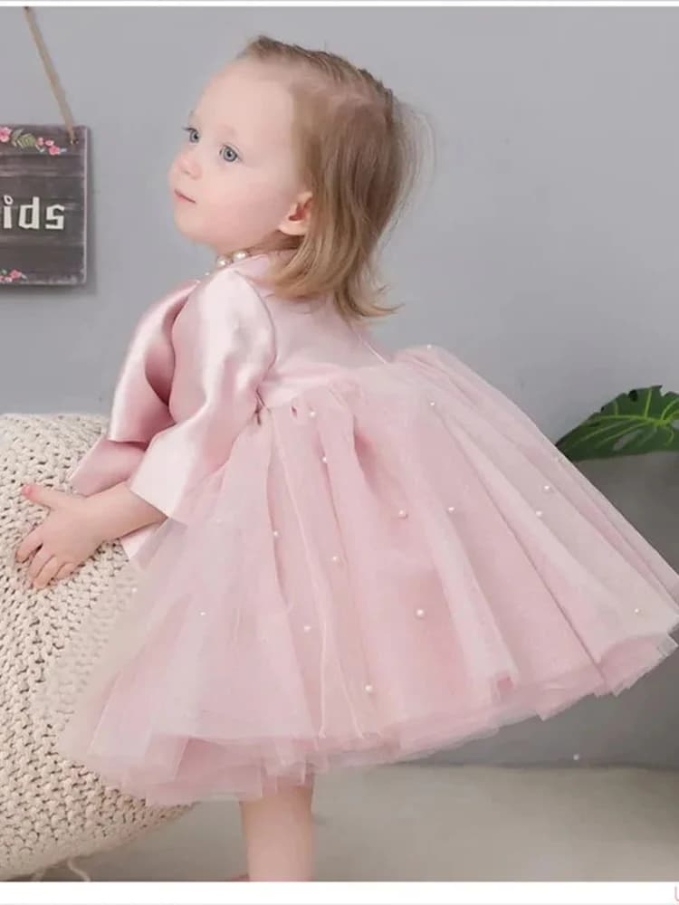 Abito da ragazza di fiore personalizzato in raso rosa con perle in tulle a maniche lunghe con fiocco per abiti da ballo per prima comunione per feste di compleanno per bambini