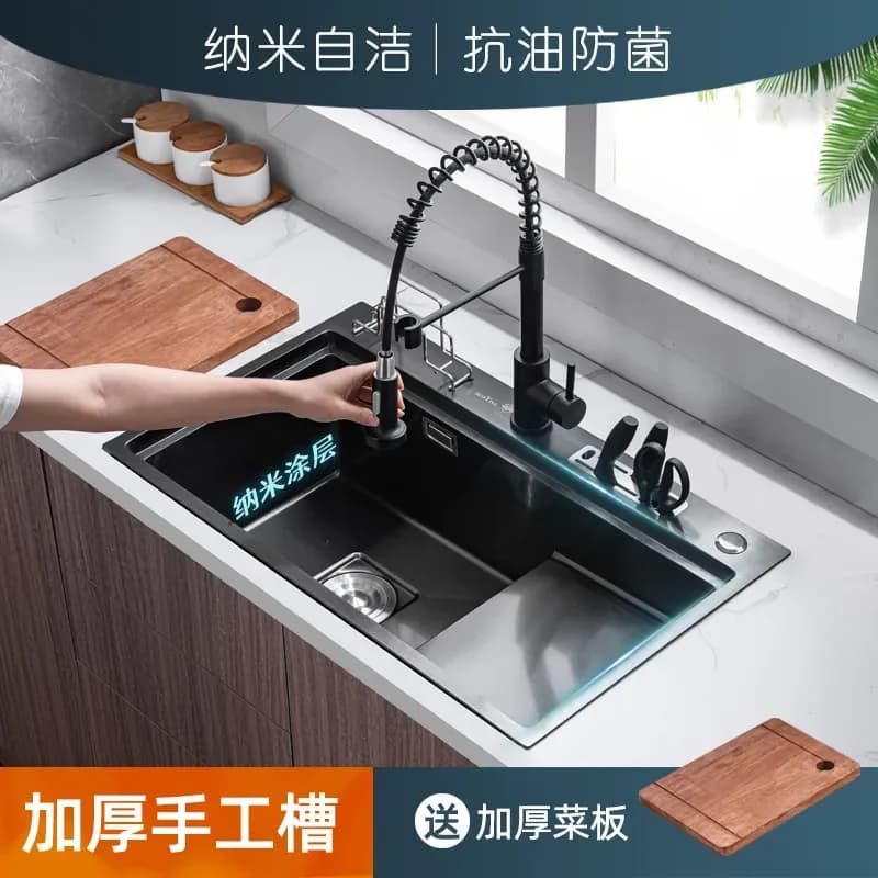 for 304 Stainless Steel Kitchen Sink Large Single Bowl Vegetable Basin Thickened with Knife Holder Table Mount Multi-function