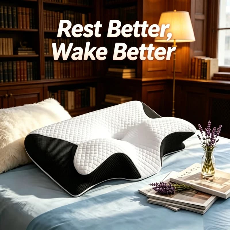 Black Memory Foam Airplane Pillow, Ergonomic Cervical Support Cushion, Firm Support Relieves Neck Pain for Stomach Sleepers