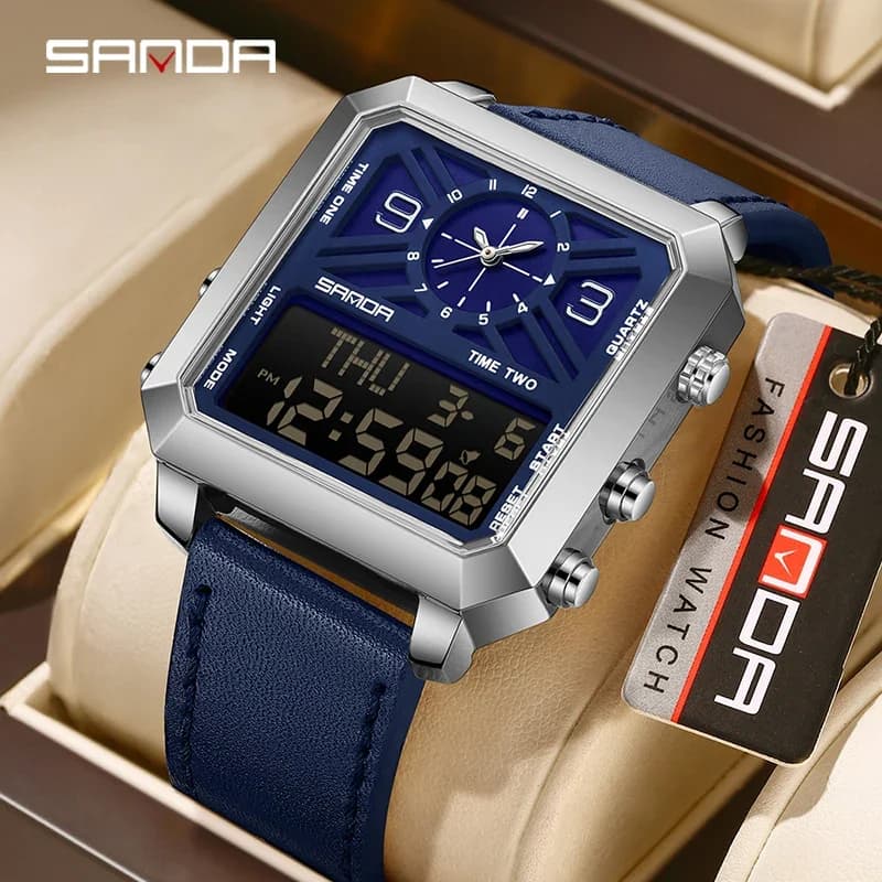 SANDA New Square Men Quartz Watch Dual Display Outdoor Sport Waterproof LED Analog Digital Countdown Electronic Men Wristwatch