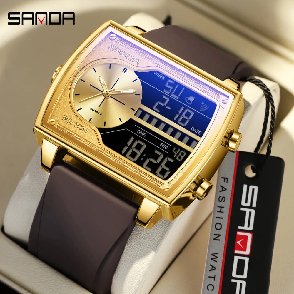 Orologi Digitali al Quarzo di Lusso da Uomo Marca SANDA, Orologio da Polso Quadrato alla Moda, Orologio Sportivo Impermeabile con Doppio Display e Conto alla Rovescia