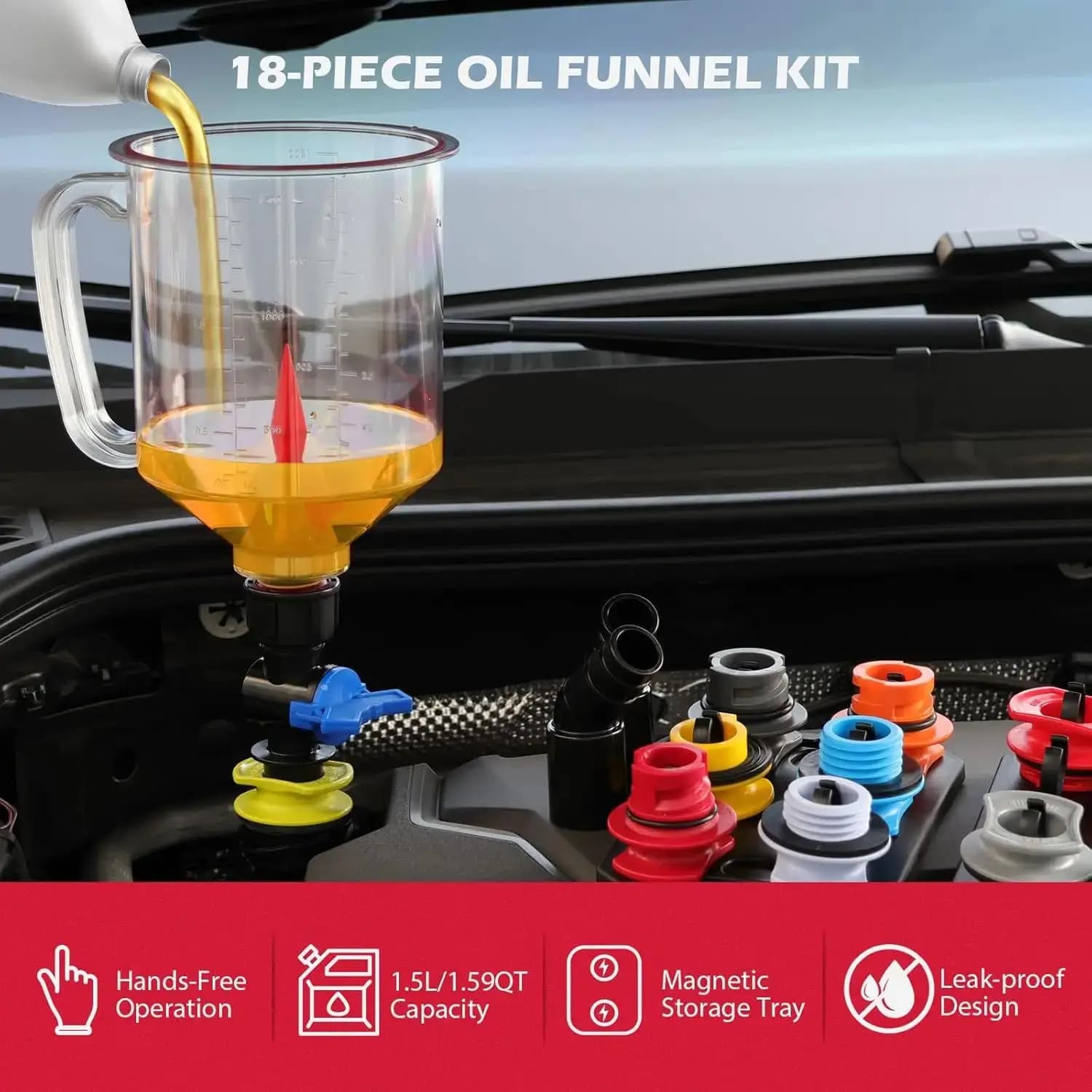 1.59 Qt Automotive Oil Funnel Kit - 18-Piece Engine Oil Funnel Set with 12 Adapters Elbow Fitting Arrow Screen Magnetic Storage
