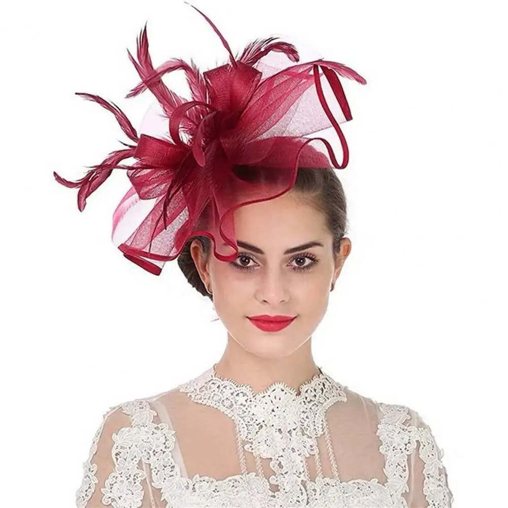 Elegant 30cm Chiffon Hat with Bowknot Decorative Feather Hair Clip