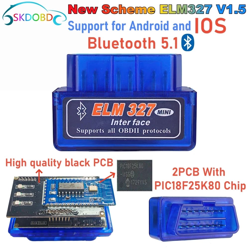 ELM327 Bluetooth 5.1 Mini ELM327 v1.5 Con PIC18F25K80 Chip OBD2 Scanner per auto Strumento diagnostico Lettore di codici per IOS Android Windows