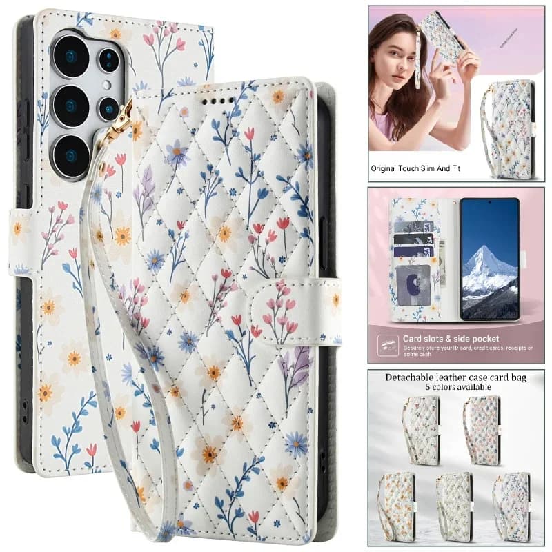 Moda Fiori Flip Portafoglio Slot per schede Custodia in pelle per telefono con cinturino da polso per Samsung Galaxy S26 S25 S24 S23 S22 Ultra Plus