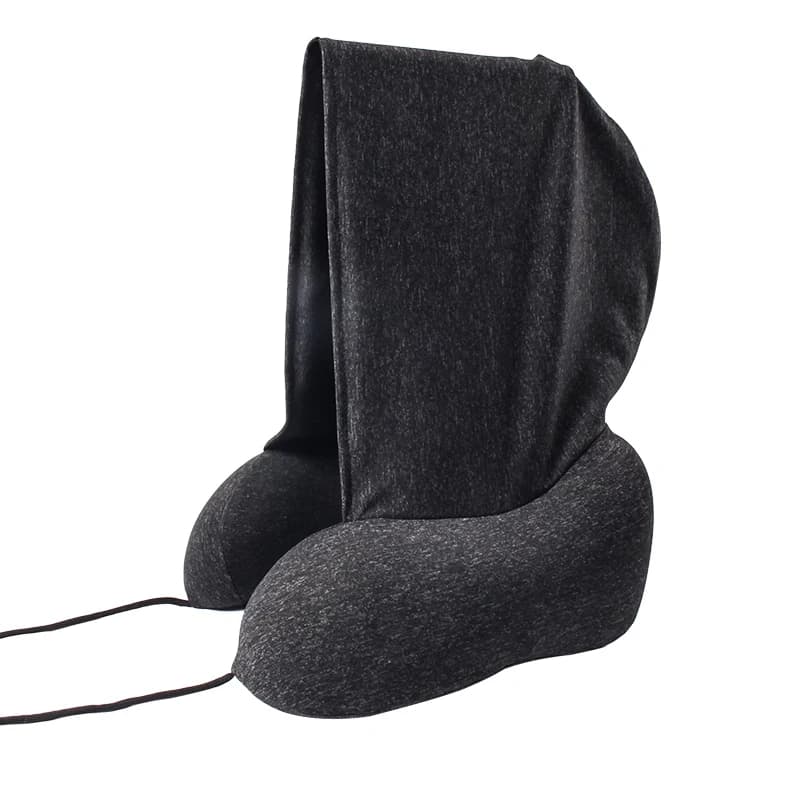 Popular U-Shaped Pillow with Hoodie Memory Foam Filling and Cationic Fabric for Travel Use