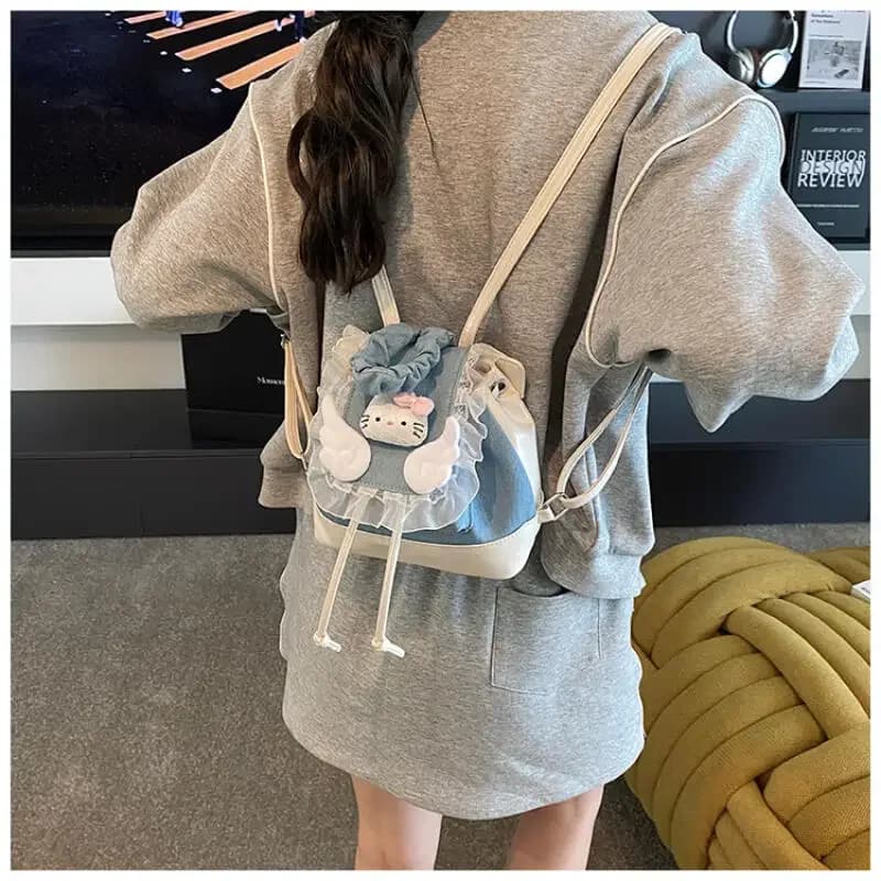 Backpack Hello Kitty in PU, Handbag with Lace, Fashion Autumn for Girls, Student Bags, Figures Anime Kawaii Cartoon