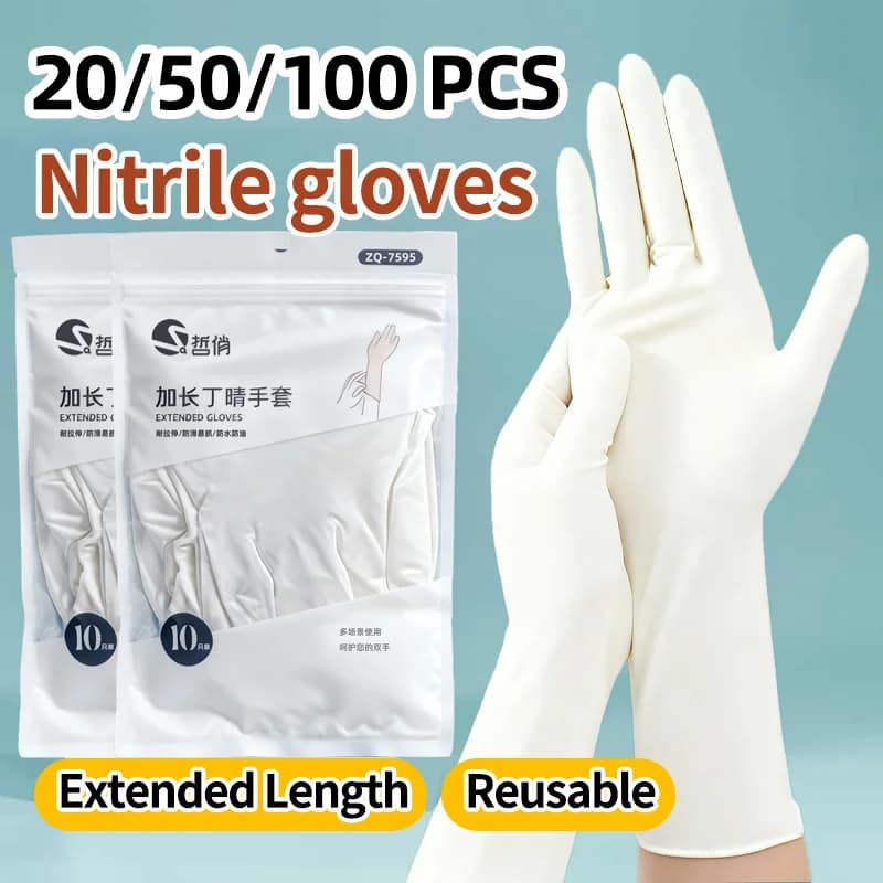 Guanti in nitrile a lunga lunghezza Polsino esteso monouso senza polvere senza lattice per la pulizia della cucina Manipolazione degli alimenti Salone di bellezza