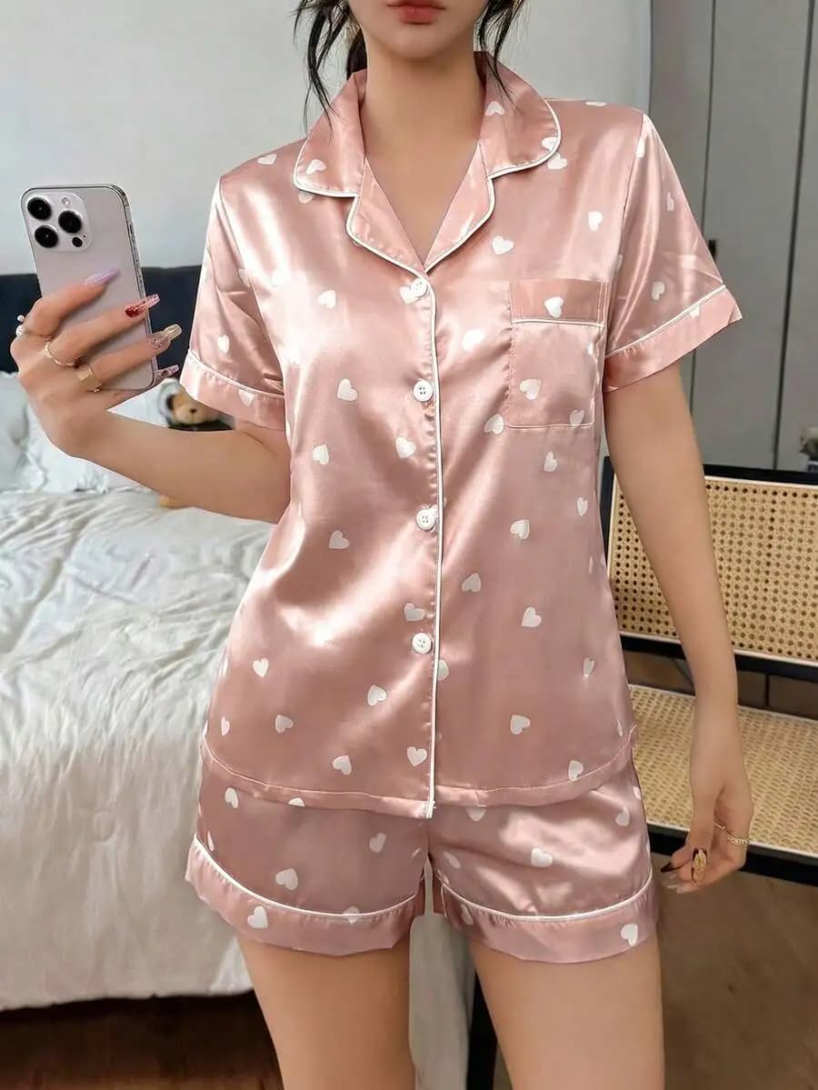 Pink Heart Print Satin Short Sleeve Pajama Set Women Sleepwear
