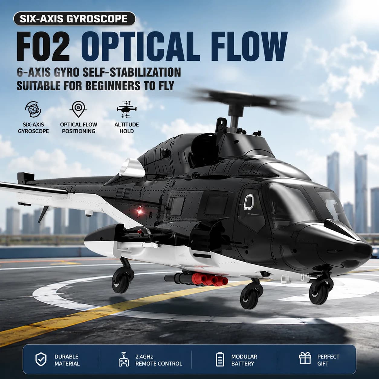 2026 New YUXIANG F02 Optical Flow Version Flying Wolf Armed Scale RC Helicopter, 6CH Hobby Model Hovering Toy
