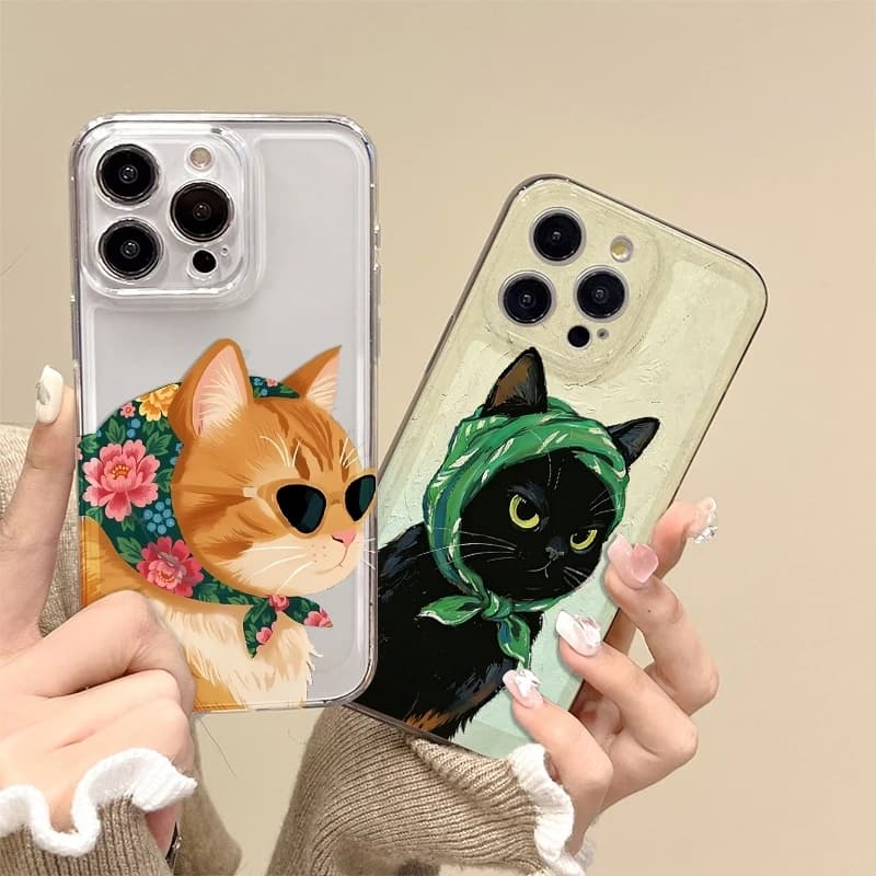 Funny Scarf Cat Phone Case For iPhone 17 Air 16E 16 15 14 11 Pro Max Plus 13 12 Mini 8 7 Xs Transparent Shockproof Cover