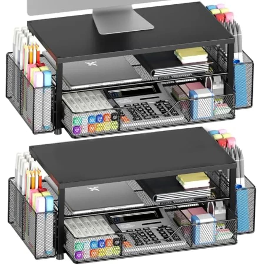 Organizzatore da Scrivania e Accessori, Supporto per Monitor a 2 Livelli con Cassetto e 2 Portapenne, Supporto per Laptop, Accessori per Ufficio