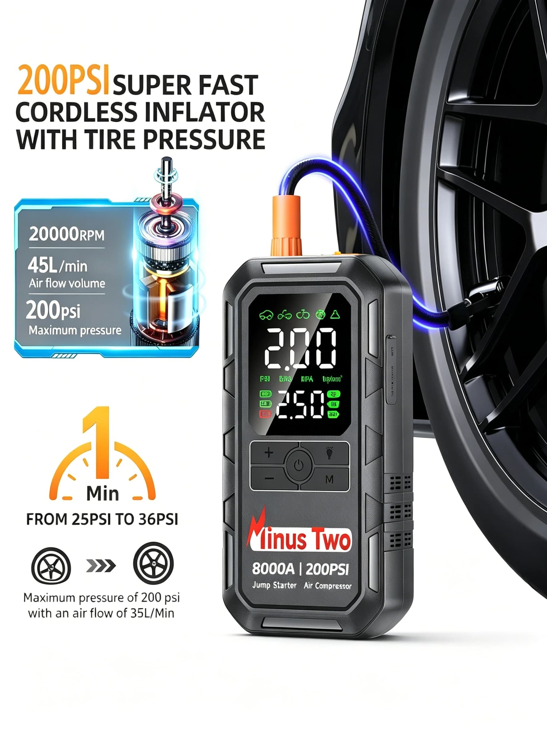 Avviatore d'emergenza per auto 8000A con gonfiatore pneumatici - Power Bank portatile per tutte le auto