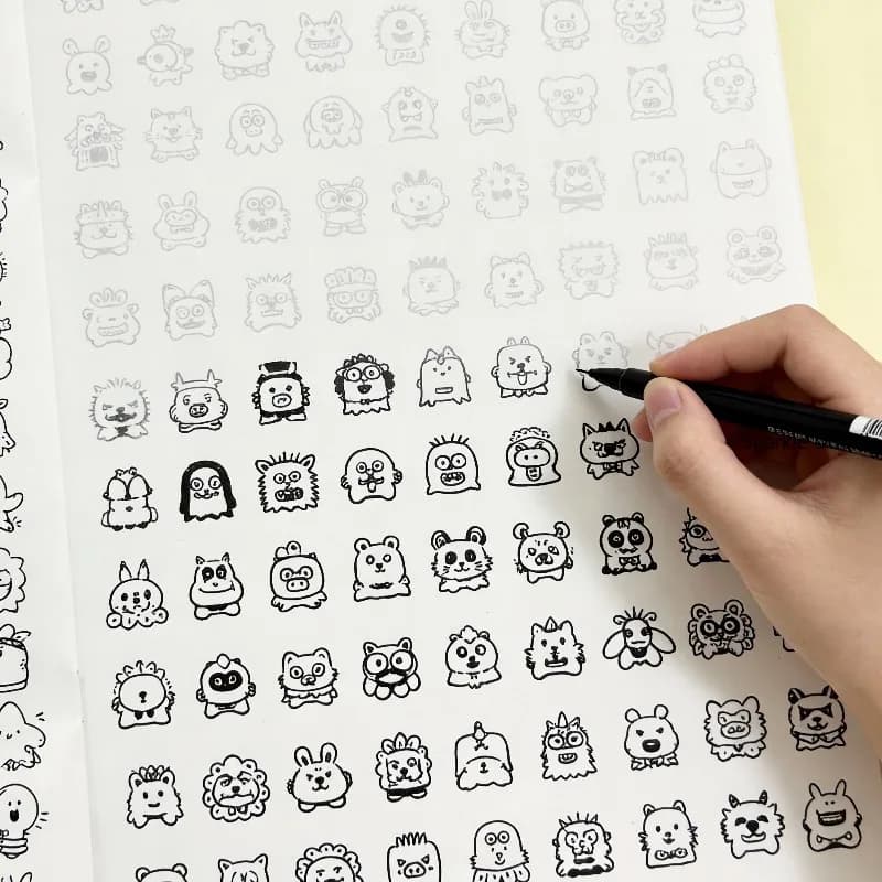 A 40 Page Adult Decompression Minimalist Sketchbook, Themed Sketchbook with Doodles and Coloring of Funny Animals/monsters