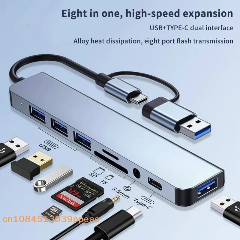 {QTG333} 8 In 1 USB Type C HUB Docking Station With 3.5mm Audio Jack Adapter Micro TF Card Reader For Laptops Tablet Phone