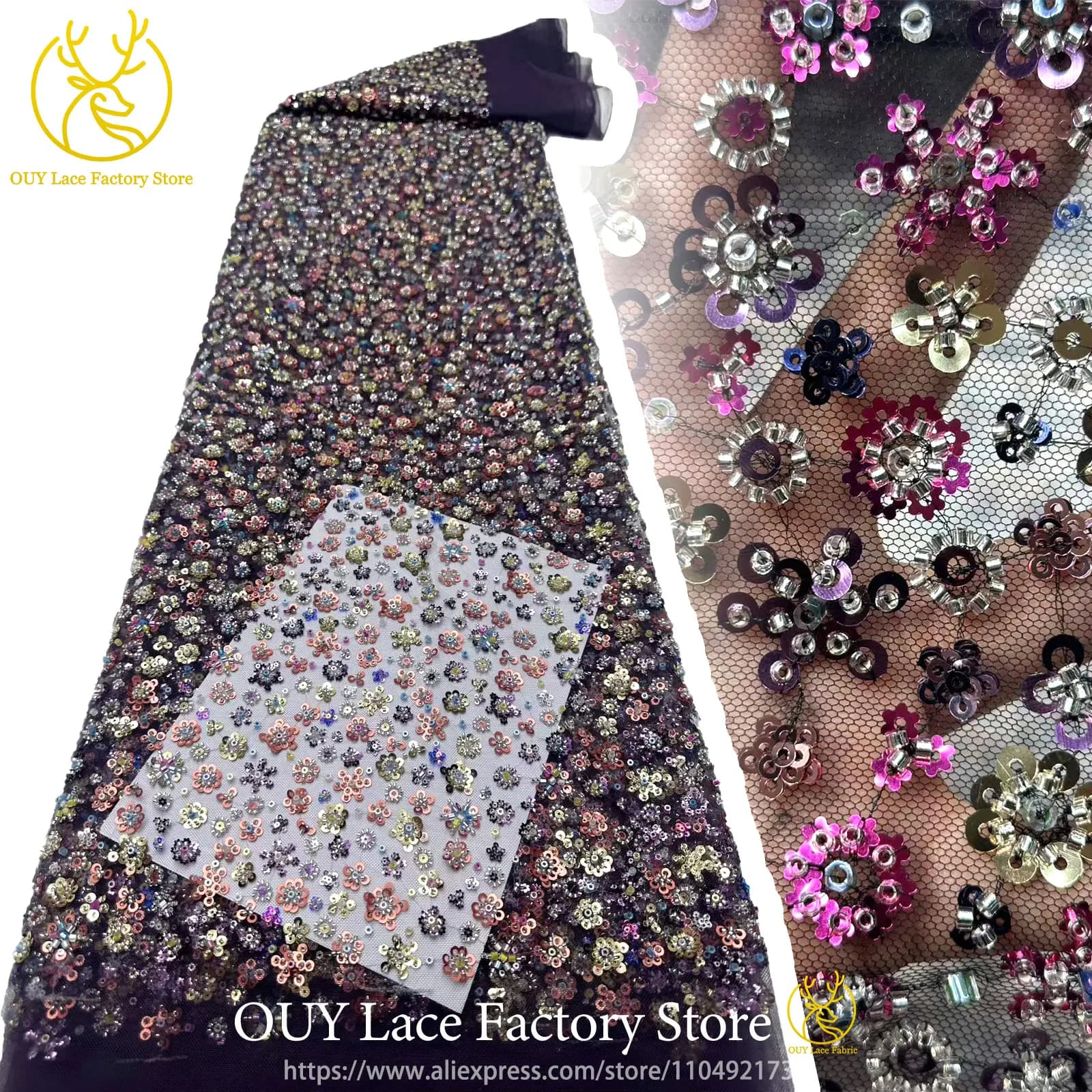 High Quality Fashion African Sequins Tulle Mesh Groom Lace Fabric Nigerian Beaded Sequins Lace Fabric For Party Dress Sewing