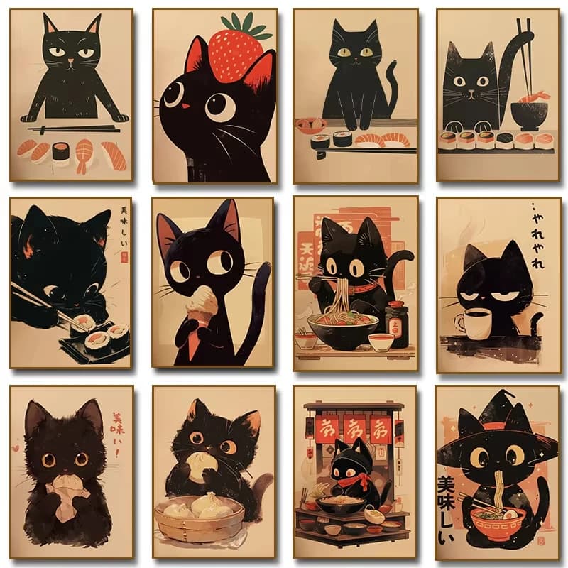 (2D canvas painting) Retro Cute Animals Food Japanese Sushi Chef Black Cat Eat Ramen Prints and Posters Wall Art Pictures fo