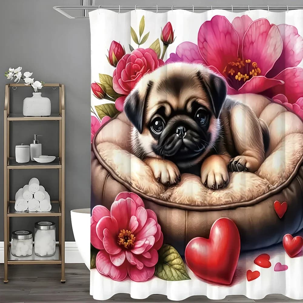 Tenda da doccia con amore a forma di fiore di cane carino, tenda da doccia decorativa per bagno, tenda da doccia impermeabile con ganci