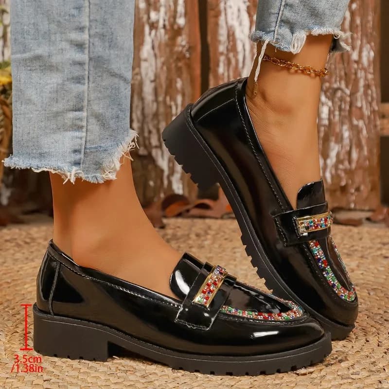 Versatile single black shoes with round toe Women's shoes raised moccasins style Academy