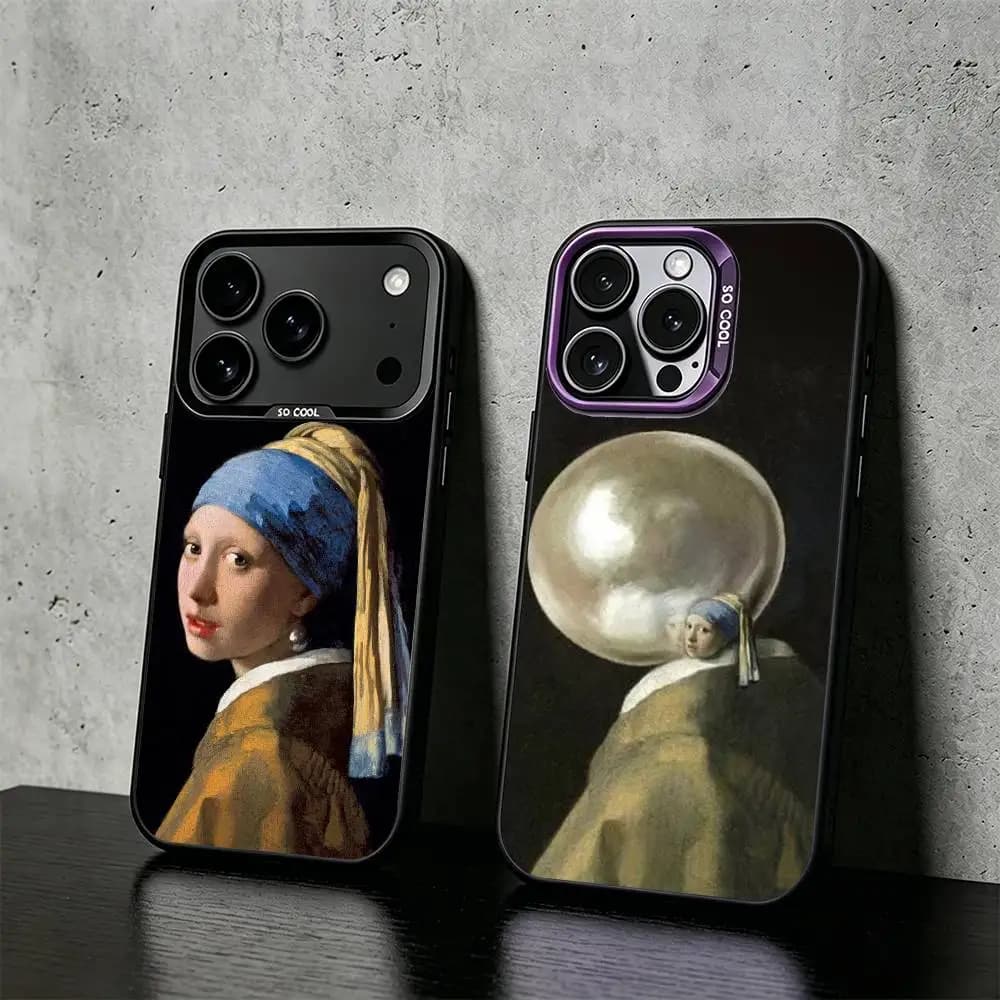 The Girl with the Pearl Earring Absurd Version Phone Case For iPhone 17,16,15,14,13,12,11Plus,Pro Max Colored silver phone case