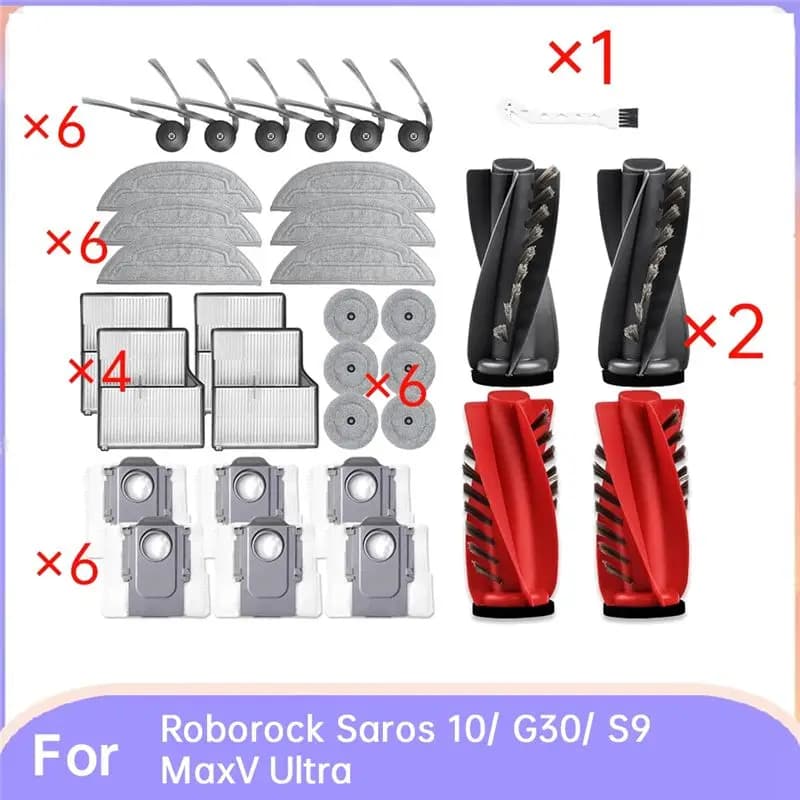 A63P Top 33 Pcs For Roborock Saros 10/ G30/ S9 Maxv Ultra Robot Vacuum Roller Side Brush HEPA Filter Mop Pad Dust Bag