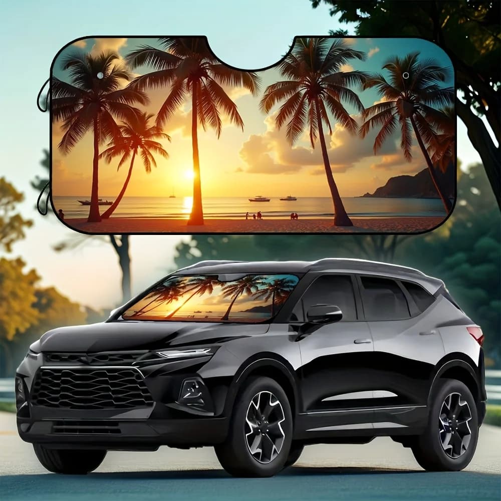 1 pz, Palma Tropicale Tramonto Spiaggia Parabrezza Parasole Pieghevole UV Ray Blocker Visiera Parasole Per Auto SUV Camion Mantiene Interni Co