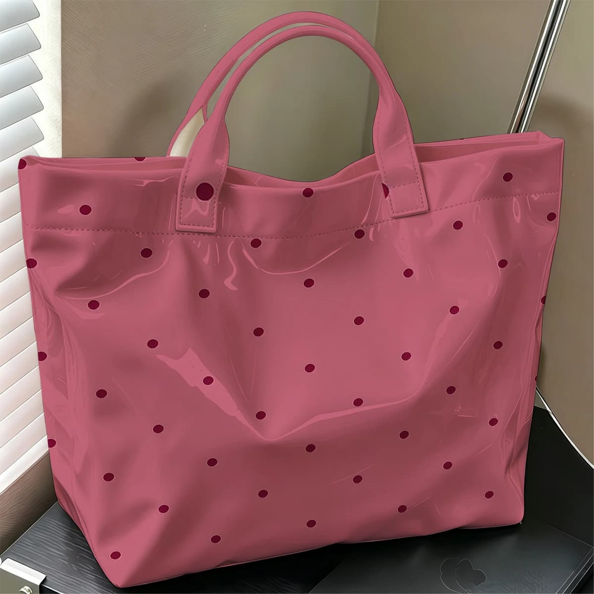 Dusty Rose Polka Dots Fashion Large Glossy PVC Tote Bag Hand Washable Waterproof Perfect Travel Commute Cosmetic Storage Shopper