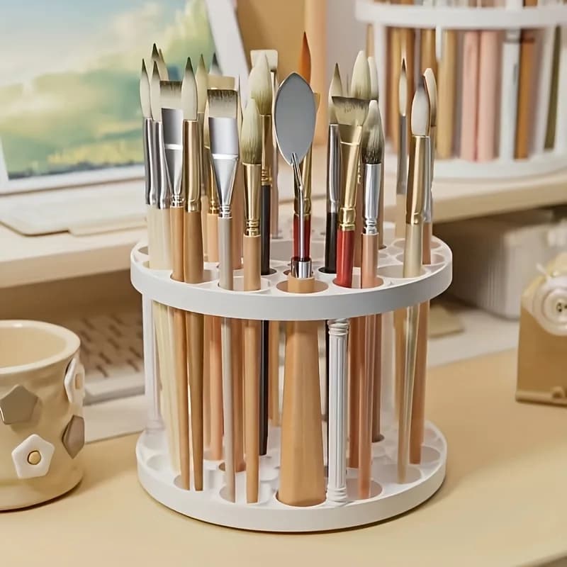 360 ° Porta Pennelli Girevole - Organizzatore in Plastica Bianca con Finitura Lucida, Design Salvaspazio per Pennelli Artistici, Penne, Strumenti per il Trucco