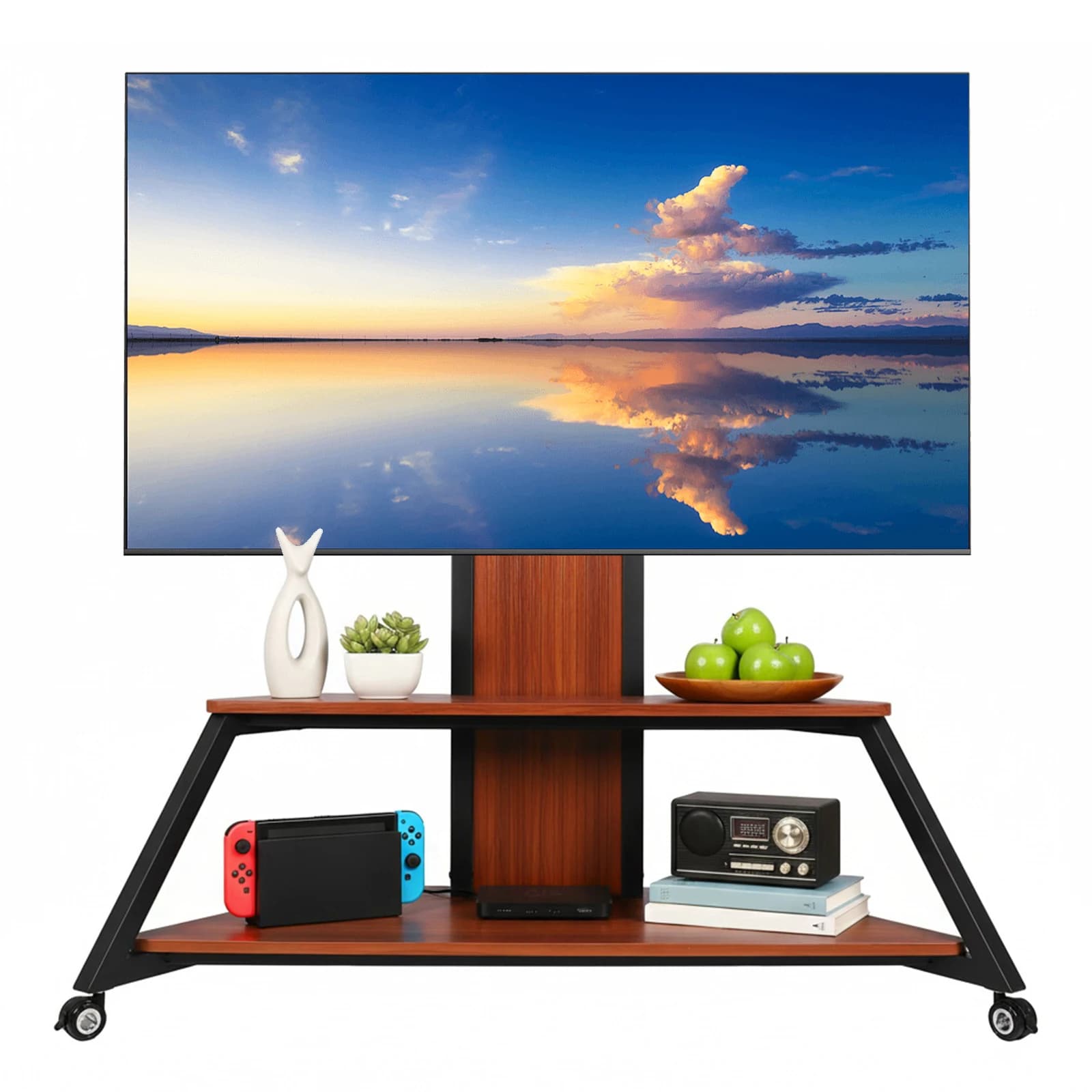 Portable Floor TV Stand for 60-100 Inch TVs Up To 220 Lbs with Laptop Shelf Floor Trolley Stand Height Adjustable Locking Wheels