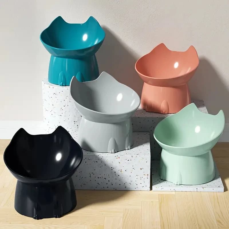 Whisker Ware Elevated Cat Bowl, Anti-Tip Plastic Raised Pet Feeding Dish with Tilted Edge, Neck Protection Kitty Food