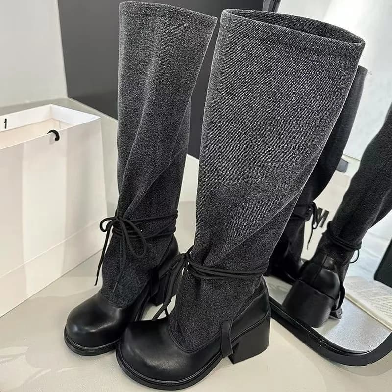 Black Long Boots Women's Hot Sale of The Season New Autumn Winter Thick Bottom Heightening British Style Retro Women's Boots