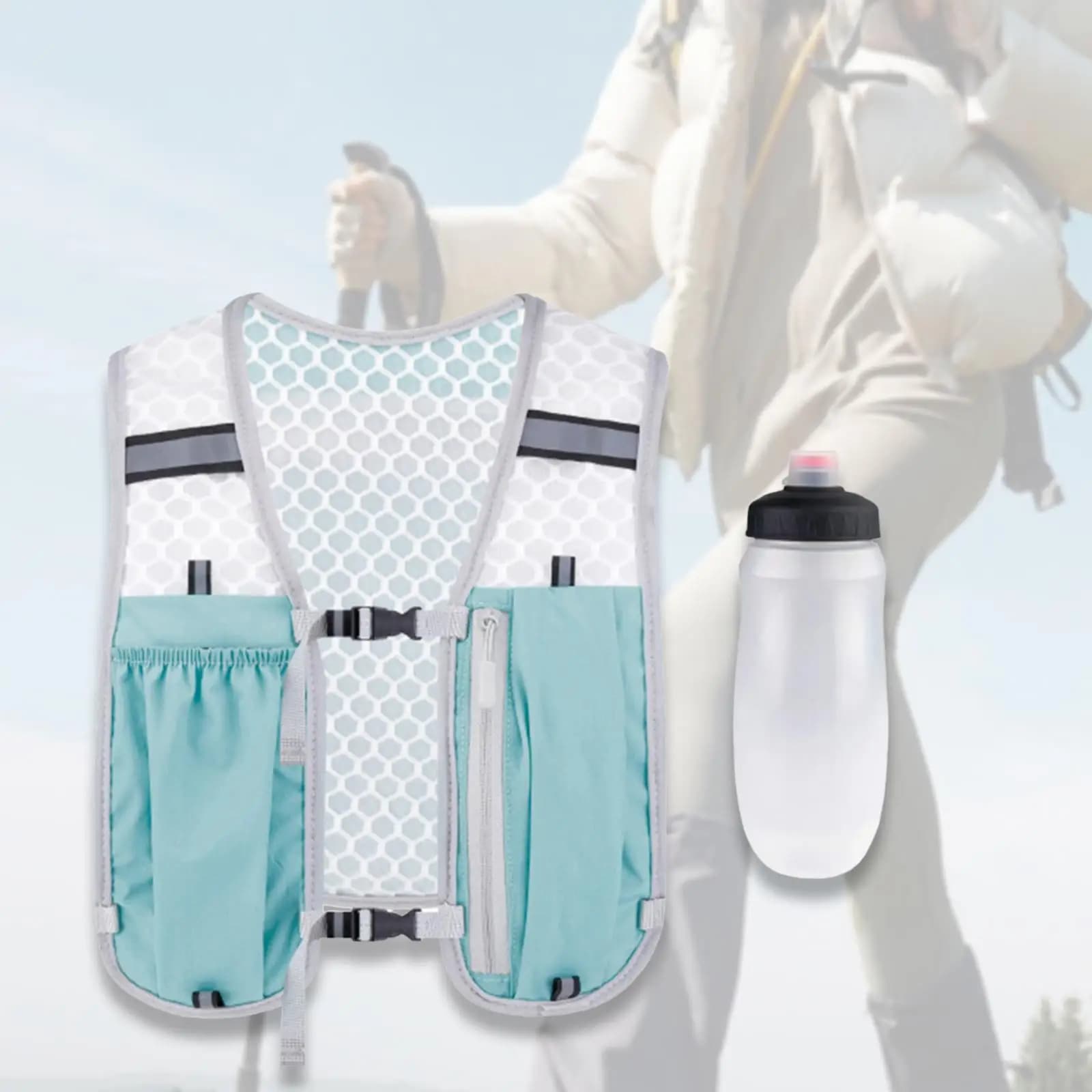 Pleasing vest with Water Bag, Reflective Strips, Outdoor Sport Bag with 550ml Soft Bottle for Camping and Cycling