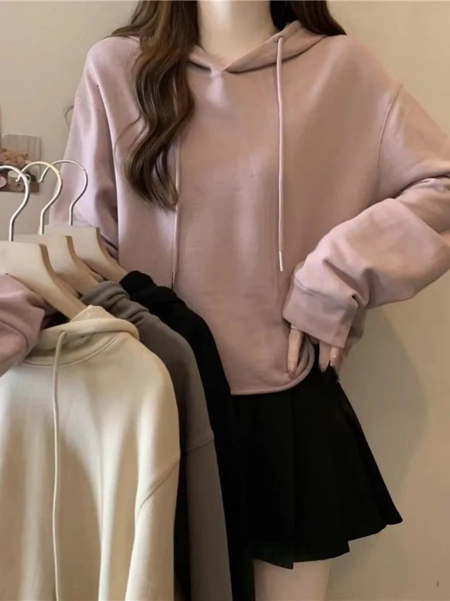 Pure Color Simple Hoodie Women's Cotton Blend Loose Slimming Short Style Small Size Cuffed Bottoms Two-Piece Set
