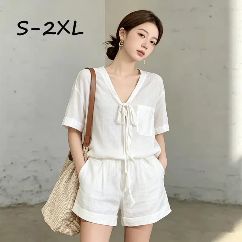 2026 New Summer White Women's Blouse Sets Two 2 Pieces Sale Casual Lace Up Blouse Shirt High Waist Wide Leg Short Suits Beach