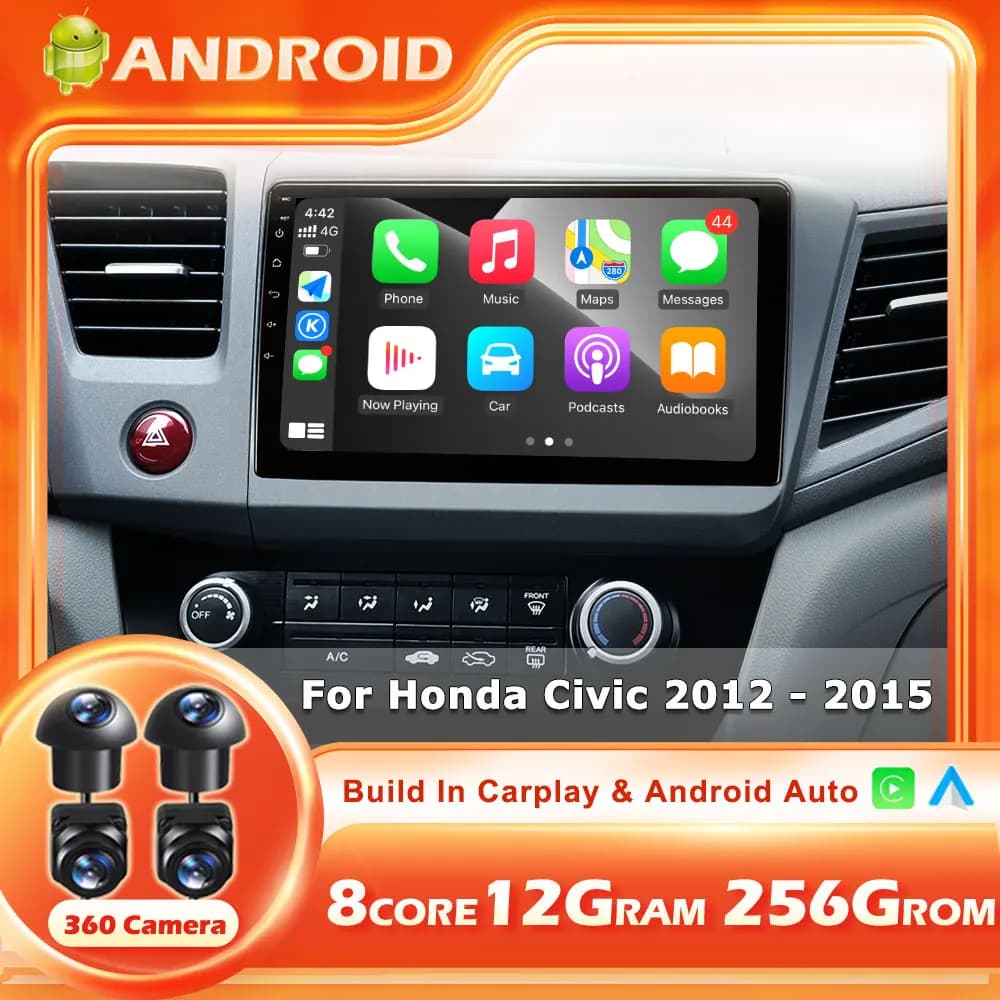Autoradio Android 16 per Honda Civic 2012-2015 con Carplay, Schermo, GPS, Navigazione, Multimedia, Stereo e Bluetooth