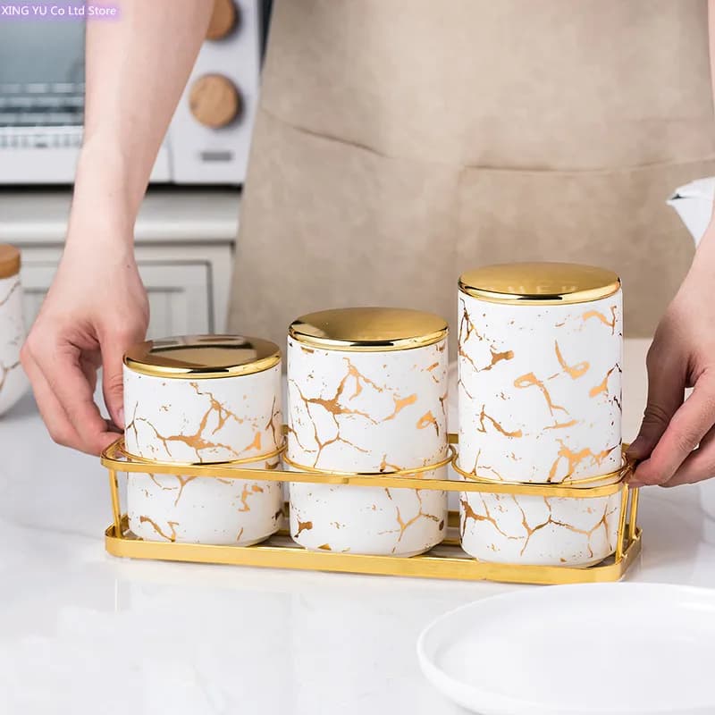 Con coperchio vaso ermetico in ceramica organizzatore di spezie Rack Suger Jar contenitore per alimenti contenitore da cucina set di contenitori Dispenser di cereali